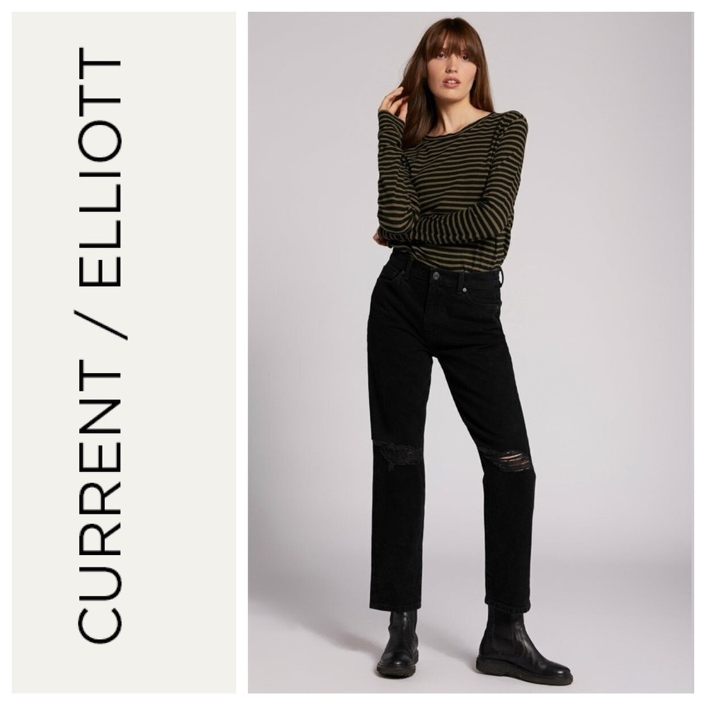 🆕 CURRENT/ELLIOTT black boyfriend original fit distressed Jeans size 24 I12